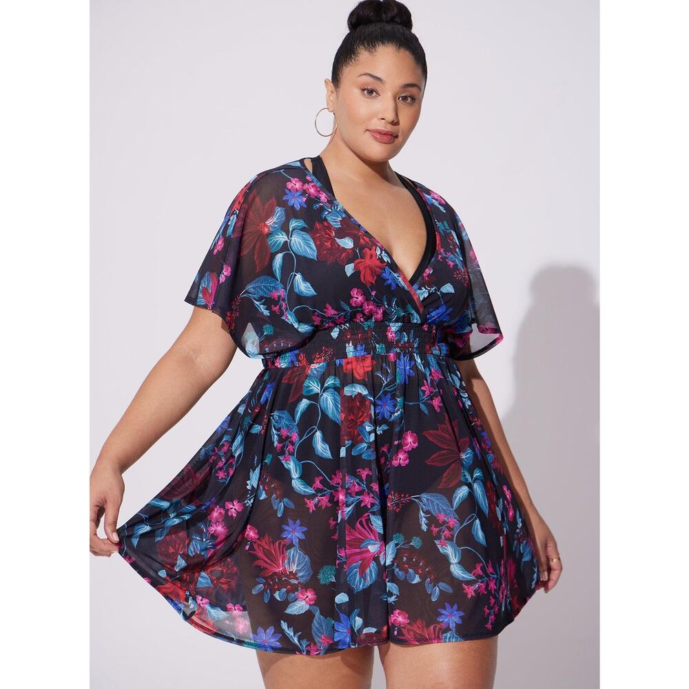 Plus Size Black Floral Swim Cover-Up Dress